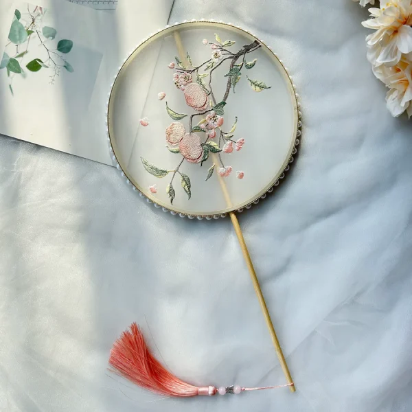 Xian Tao 仙桃 Mountain Peach Butterfly Frame Pearl Trim Tuanshan Round Fan - Image 3