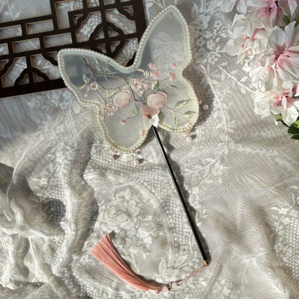 Xian Tao 仙桃 Mountain Peach Butterfly Frame Pearl Trim Tuanshan Round Fan - Image 4
